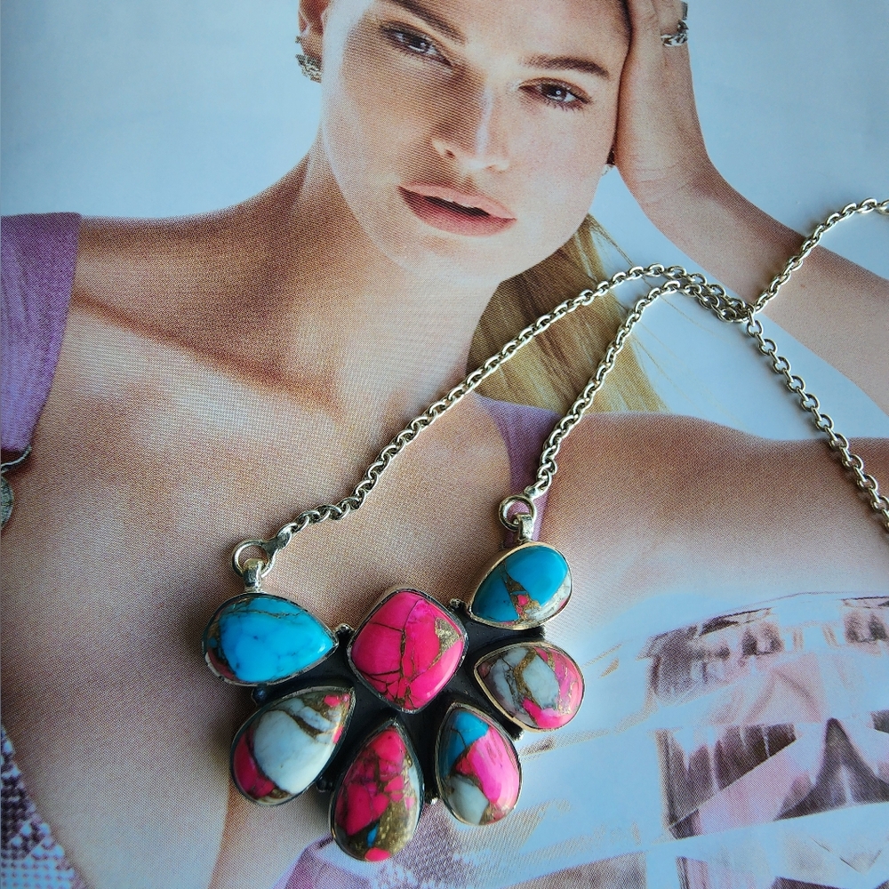 Sterling Silver Cotton Candy Necklace with Blue and Pink Stones~ So Pretty